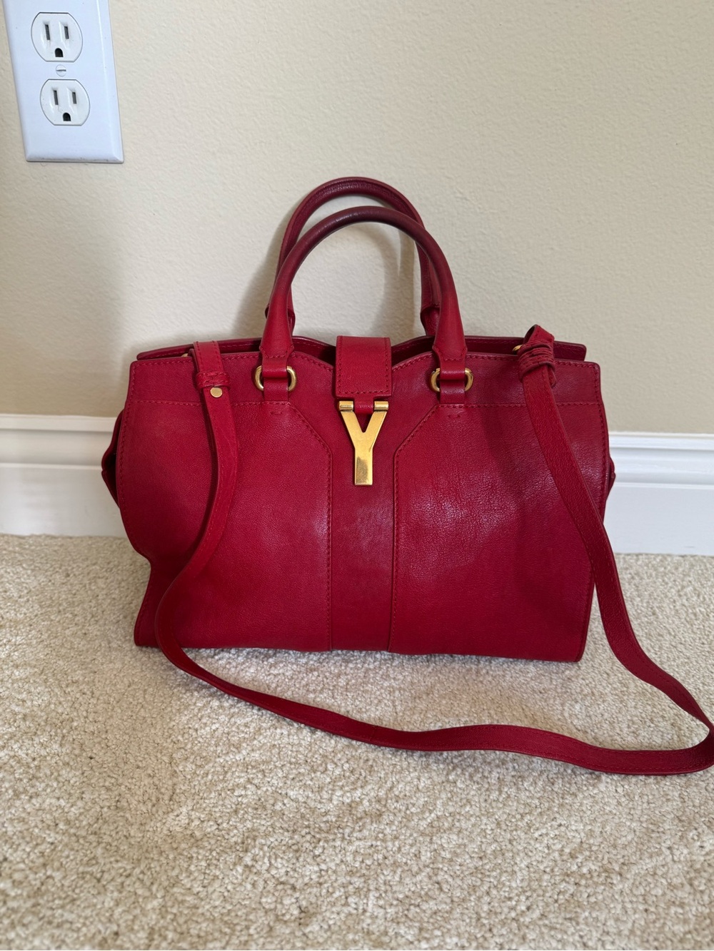 Authentic YSL Yves Saint Laurent Red Leather Small Cabas Chyc Bag + Dust Bag